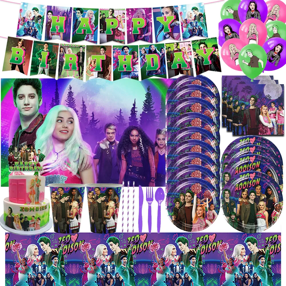 

﻿Disney Zombie High School Birthday Party Decorations Disposable Tableware Cups Plates Balloons Backdrop Banner Party Supplies