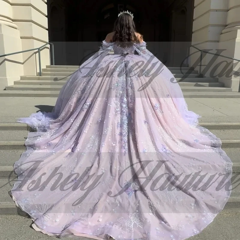 Dostosowane lawendowe sukienki księżniczki dla dziewczynek Quinceanera 15 16. Dziewczyna Kwiatowa aplikacja Tren typu Sweep Prom Sukienka na przyjęcie urodzinowe