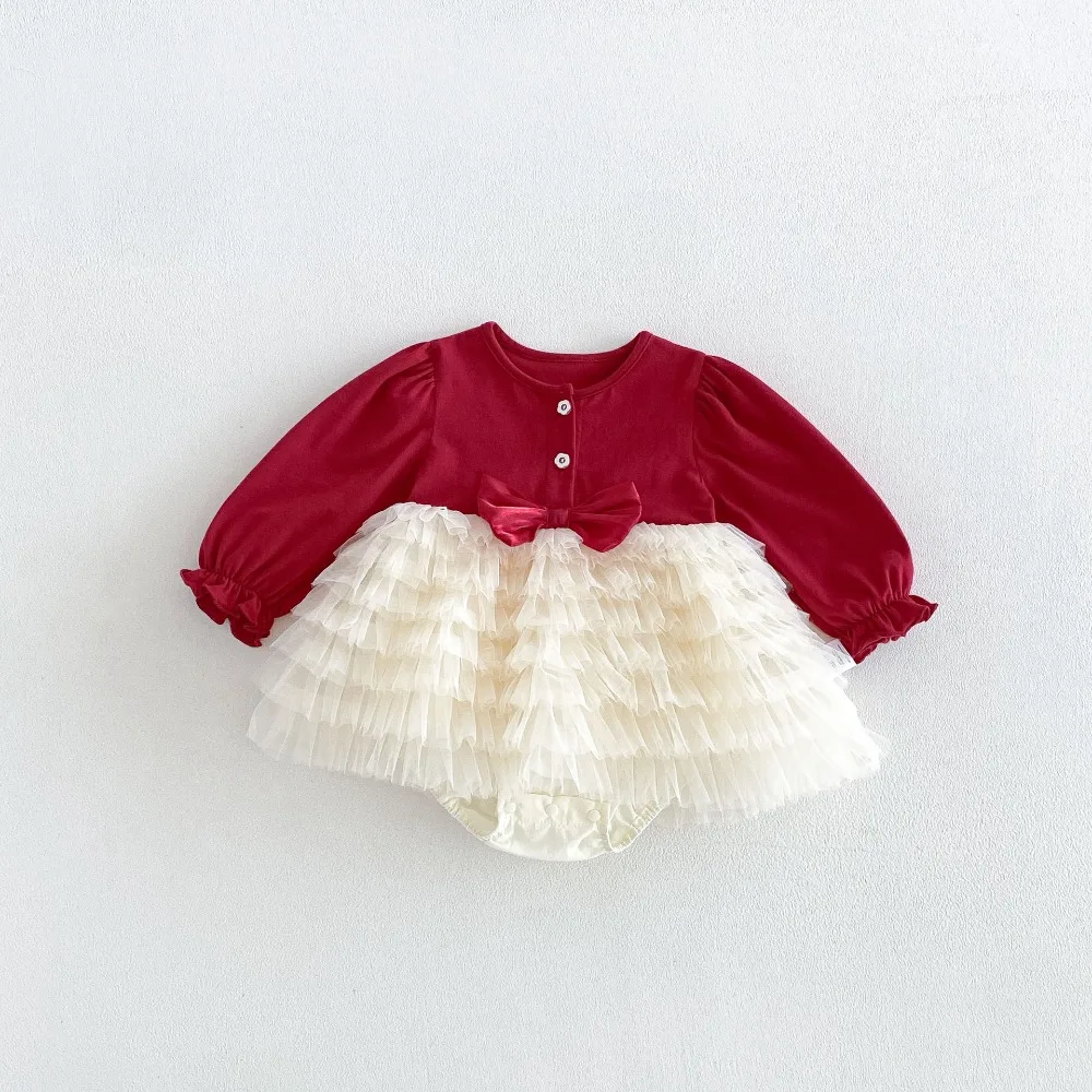 2026 Autumn Princess Baby Girl Romper 0-2Years Cute Newborn Long Sleeve Bow Layered Dress Bodysuit Birthday Party Clothes