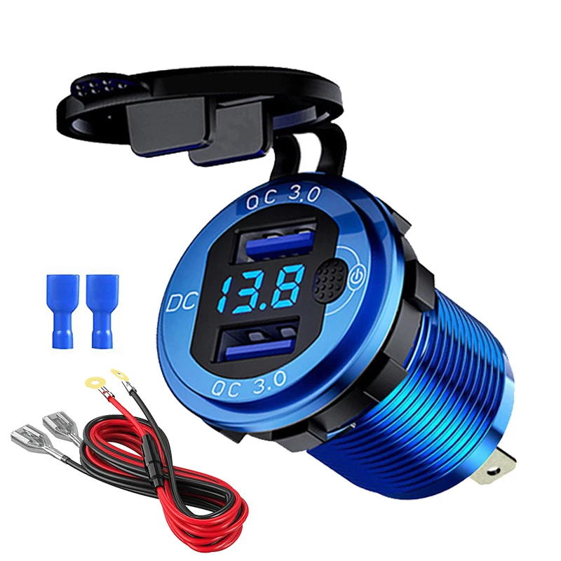 Snellader Aluminium QC3.0 Dual USB-autolader met schakelaarknop LED-spanningsweergave voor 12V / 24V auto's boten motorfiets