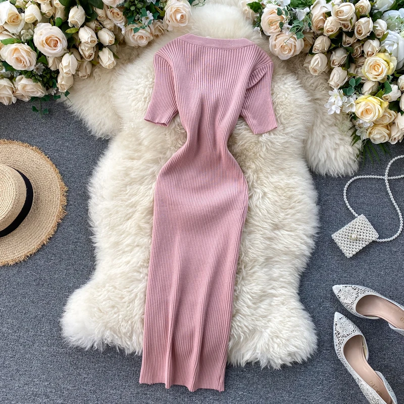 Chic Elastic Knit Split Bodycon Dress Short Sleeve O Neck Women Elegant Korean Fashion Vestidos Summer Slim Wrap Pencil Dress