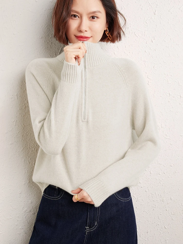 

CHICUU Women Mock Neck Zipper Pullover 100% Cashmere Sweater Thick Simple Casual Style Cashmere Knitwear Autumn Winter Tops
