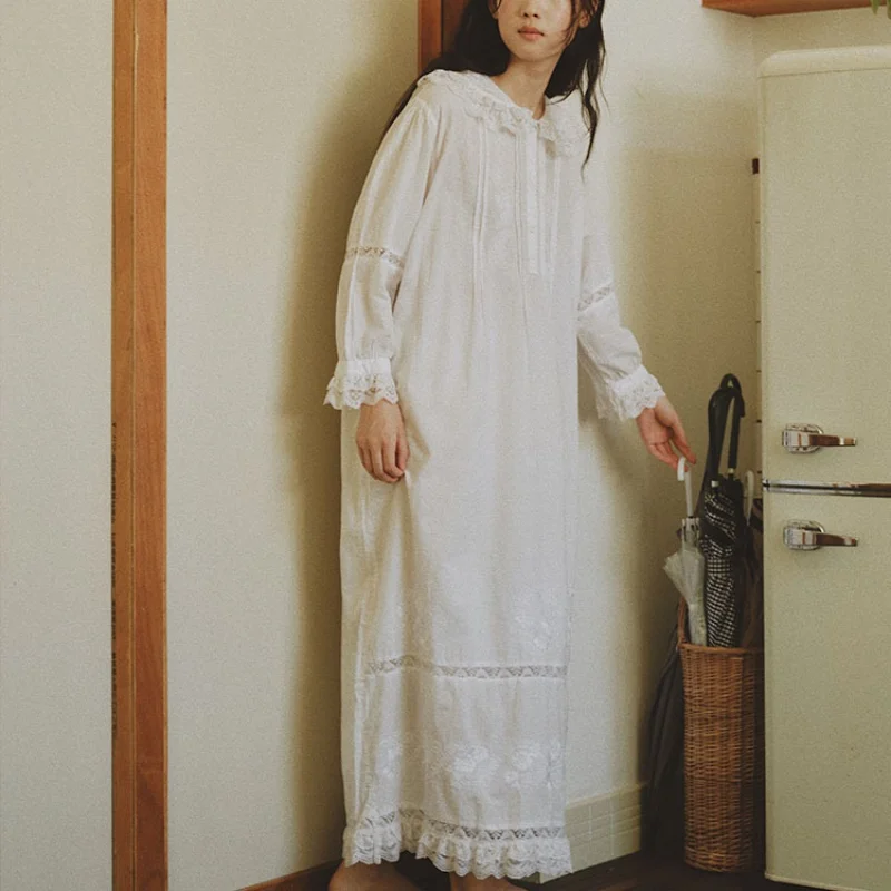 Princess White 100% Cotton Long Nightdress Autumn Full Sleeves Loose Nightgowns Lace Turn-Down Collar Ankle-Length Nightie New