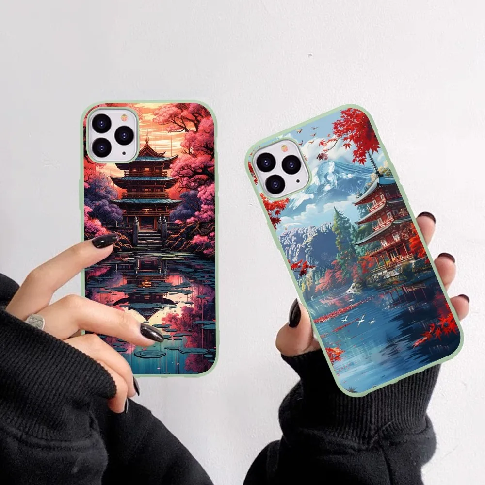 

Japanese Landscape Phone Case For IPhone 14 11 12 13 Mini Pro Xs Max 8 7 6 6S Plus X XR Solid Candy Color Case