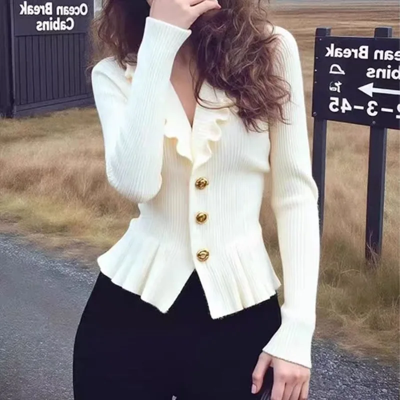 

Sweater with Lotus Leaf Edge for Women Beautiful High-end Unique Beautiful Temperament Small Fragrant Knitted Top Exquisite