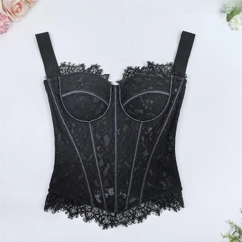 

LinJ 2026 Spicy Girl Embroidered Knitted Tight Top Inner Fibone Lace Strap Brtte Women's Faion Spring Autumn