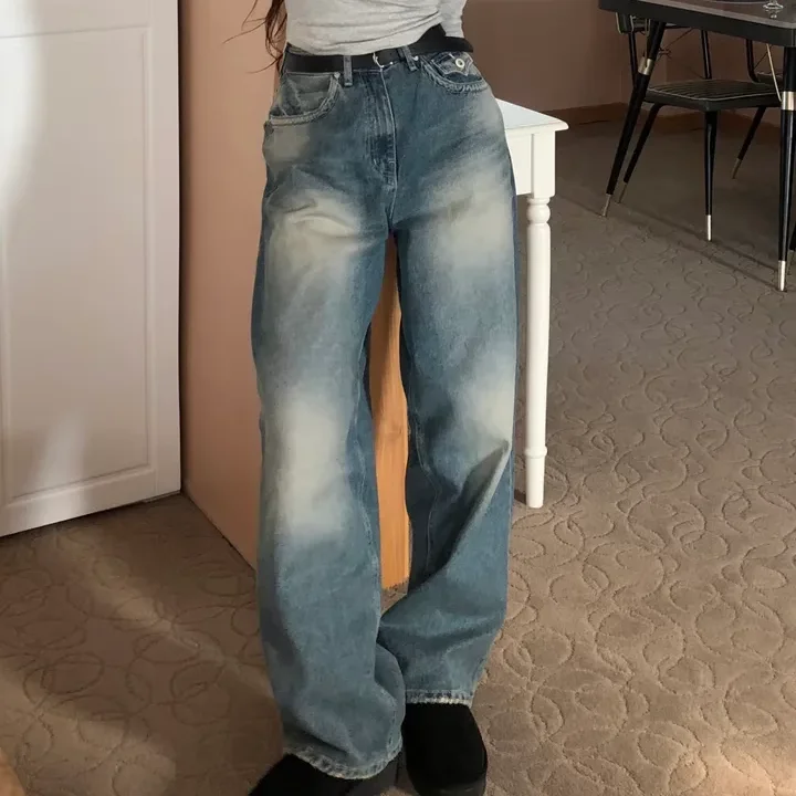 

Retro High Waist Wide Leg Jeans Women's Ele Faionable Straight Cut Floor-Length Pants Distred Design All-Match