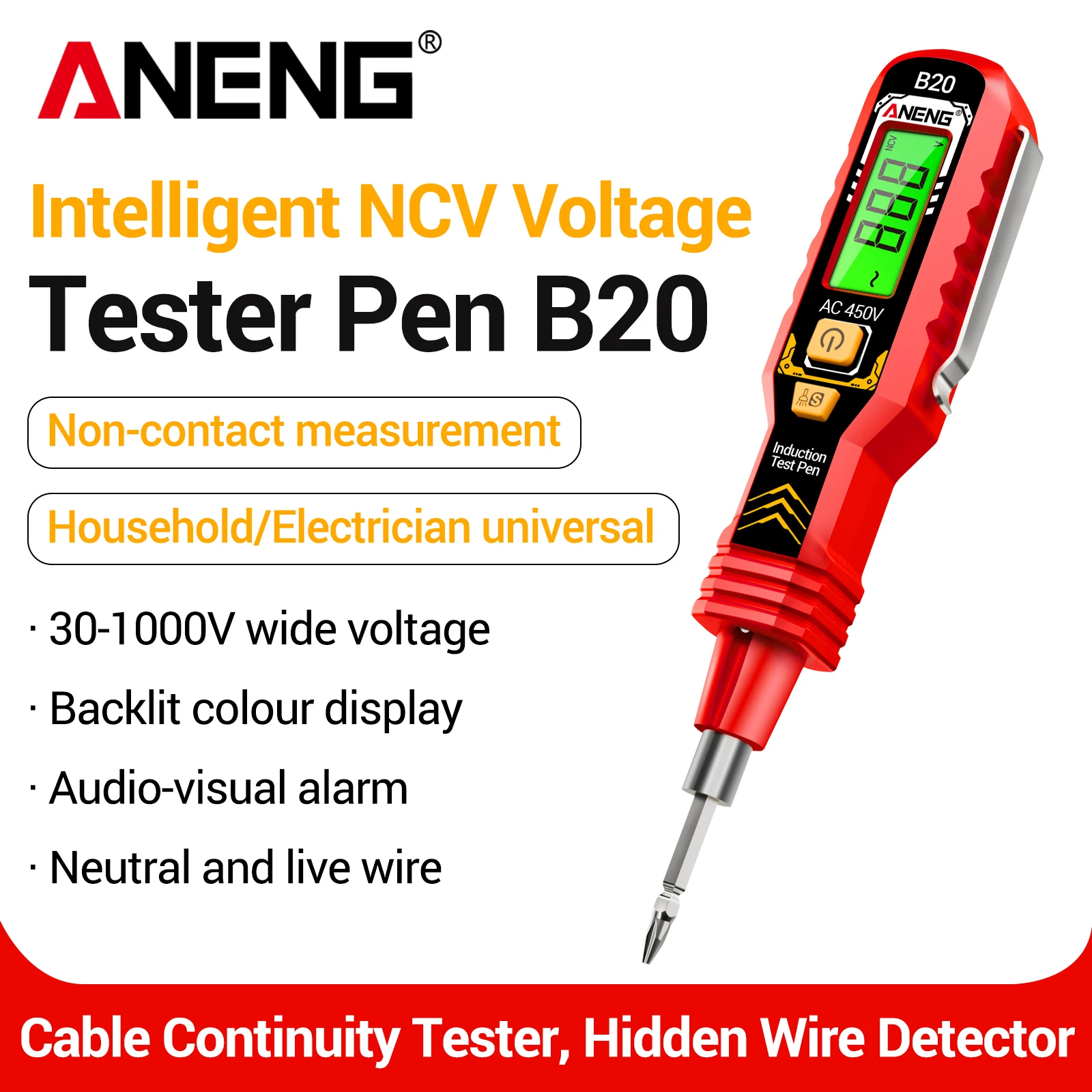 Lápiz de inducción de alta precisión ANENG B20 30~1000V con alarma sonora y luminosa, pantalla a color con retroiluminación, lápiz de prueba para circuitos de enchufes domésticos.