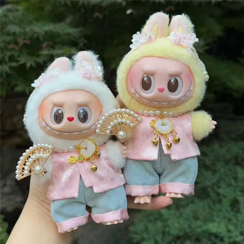 15 17cm para boneca labubu estilo chinês roupas rosa bordado roupa calças conjunto de malha pingente flor acessório de cabelo