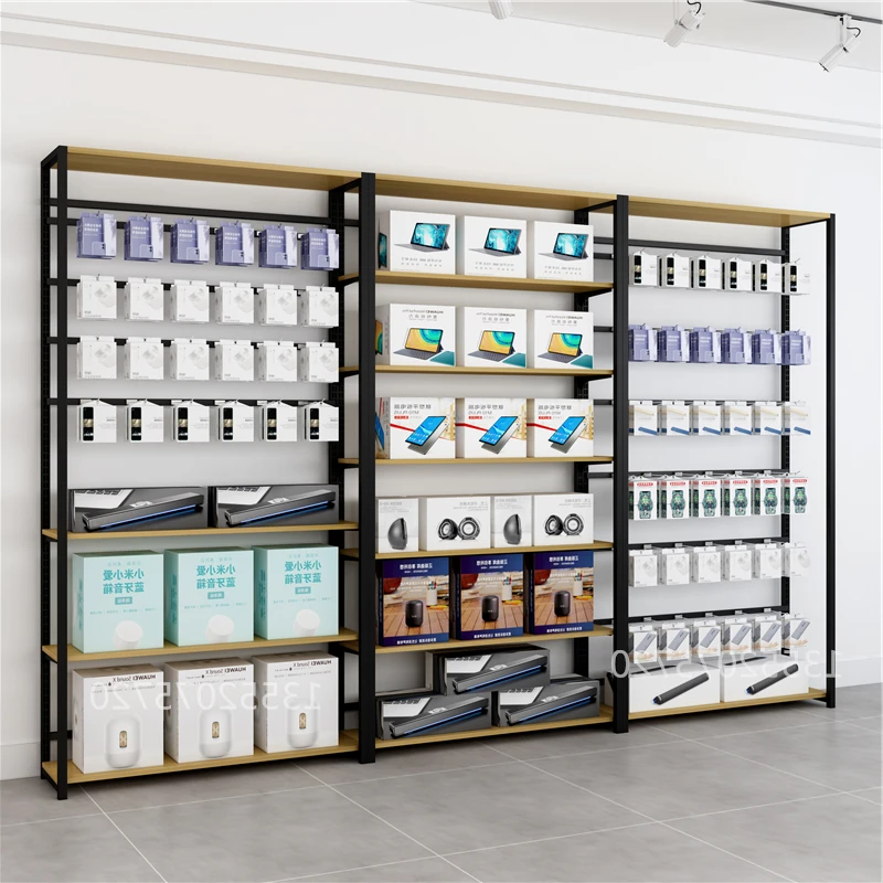 custom.Mobile Phone Shop Display Cabinet Accessories Counter Wall Iron Display Mobile Electronic Parts Steel Wood Shelf Display