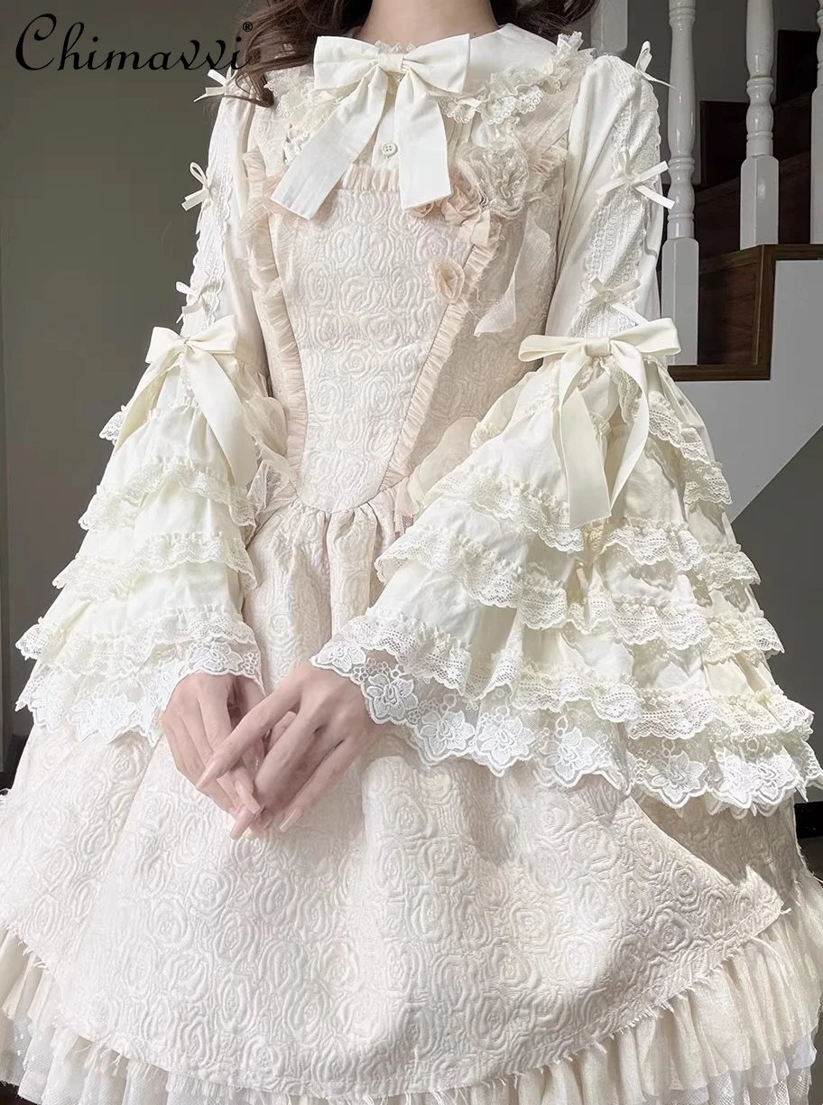 

Lolita Shirts 2026 Spring Summer New Sweet Girls Bowknot Gorgeous Princess Lace Long Sleeve Girls Women Cotton Blouse Tops