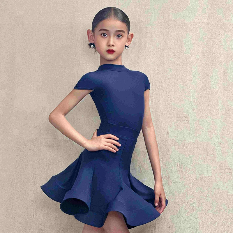 

Платье для латинских танцев для девочек, профессиональный костюм для соревнований, трико с короткими рукавами, юбка в виде рыбьей кости, детский сценический костюм для латинских танцев VDL4041