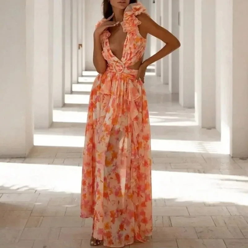 

Sexy Deep V-neck Hollow Print Dresses Women Elegant Lace Up Backless Slim Fit Sleeveless Dress Lady Summer Party Evening Dresses