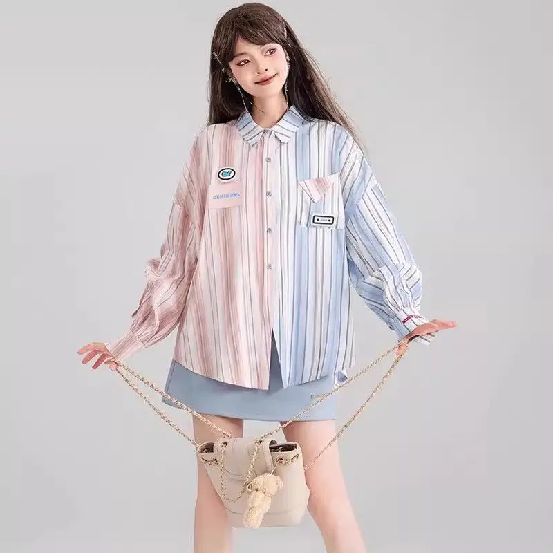 

Japan Autumn New Korean Style Color-Blocked Striped Long-Sleeved Shirt Girly Loose And Versatile Casual Large Size Top Trendy