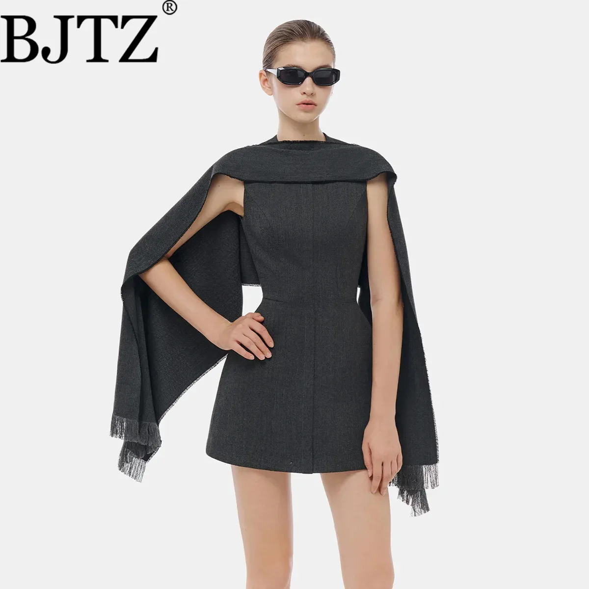 

Элегантное дизайнерское платье BJTZ без рукавов, однотонное, мини, с вырезом на спине и шалью, новинка весна-осень 2026