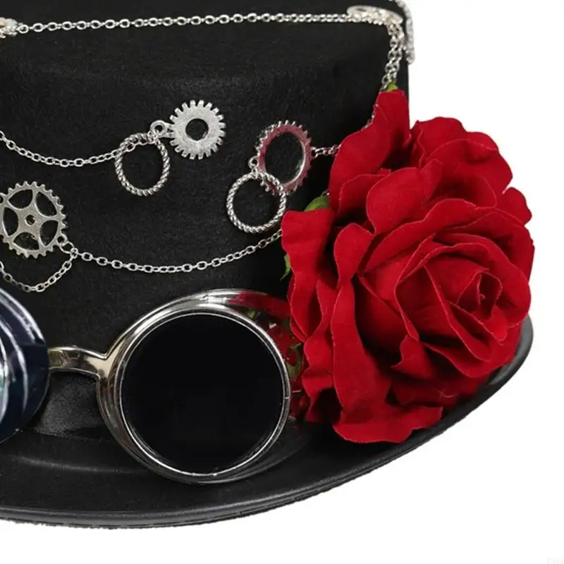 

P88A Steampunk Top Hat with Goggles Flower Chain Female Wedding Birthday New Year