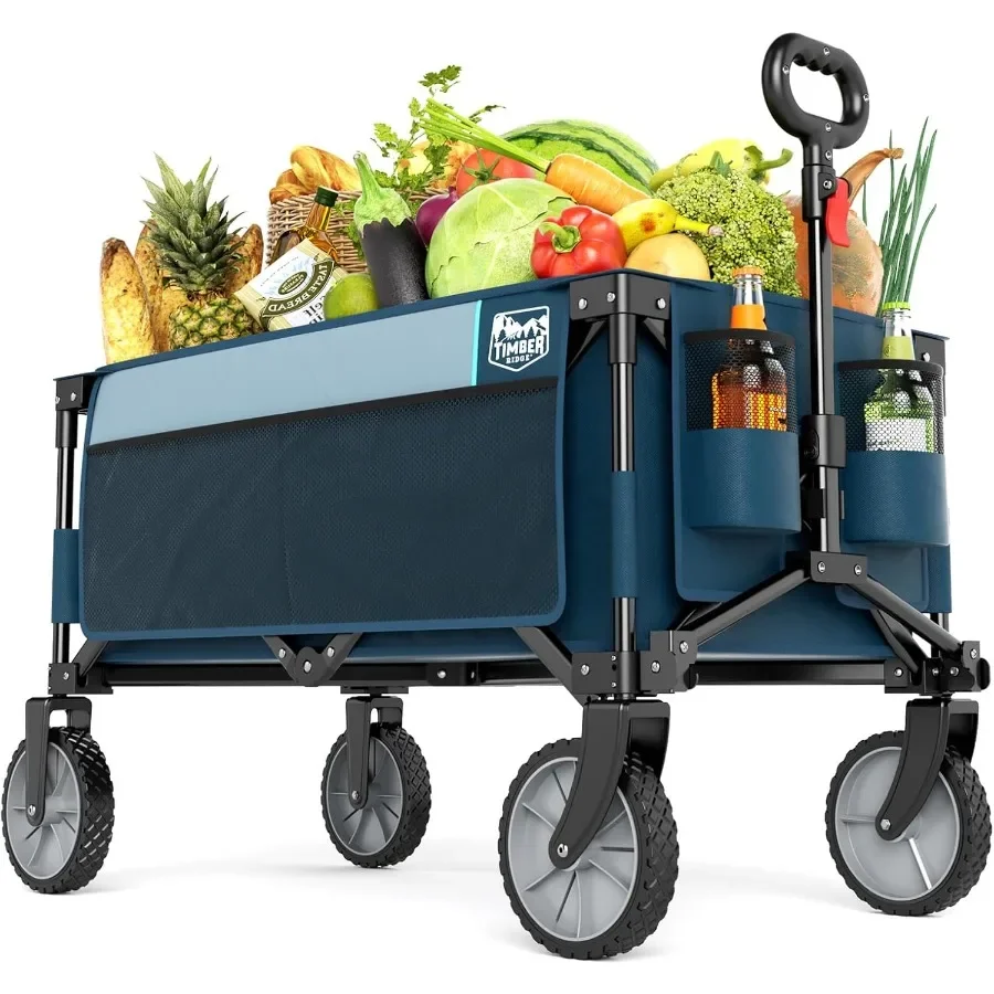 

Collapsible Outdoor Folding Wagon Cart Heavy Duty Camping Patio Shopping Garden Cart with Side Bag Cup Holder Blue