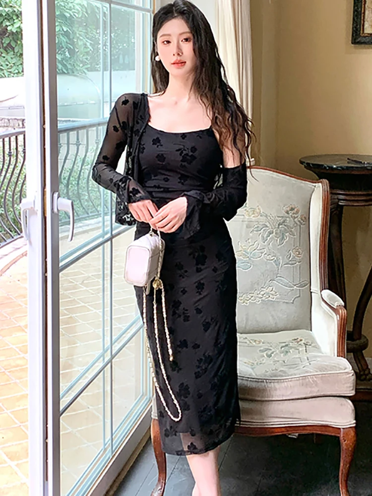 2025 Nieuwe Rode Massaal Bloemen Sling Lange Jurk + Lange Mouw Top Shirts Tweedelige Sets Vrouwen Herfst Koreaanse vintage Bodycon Jurken