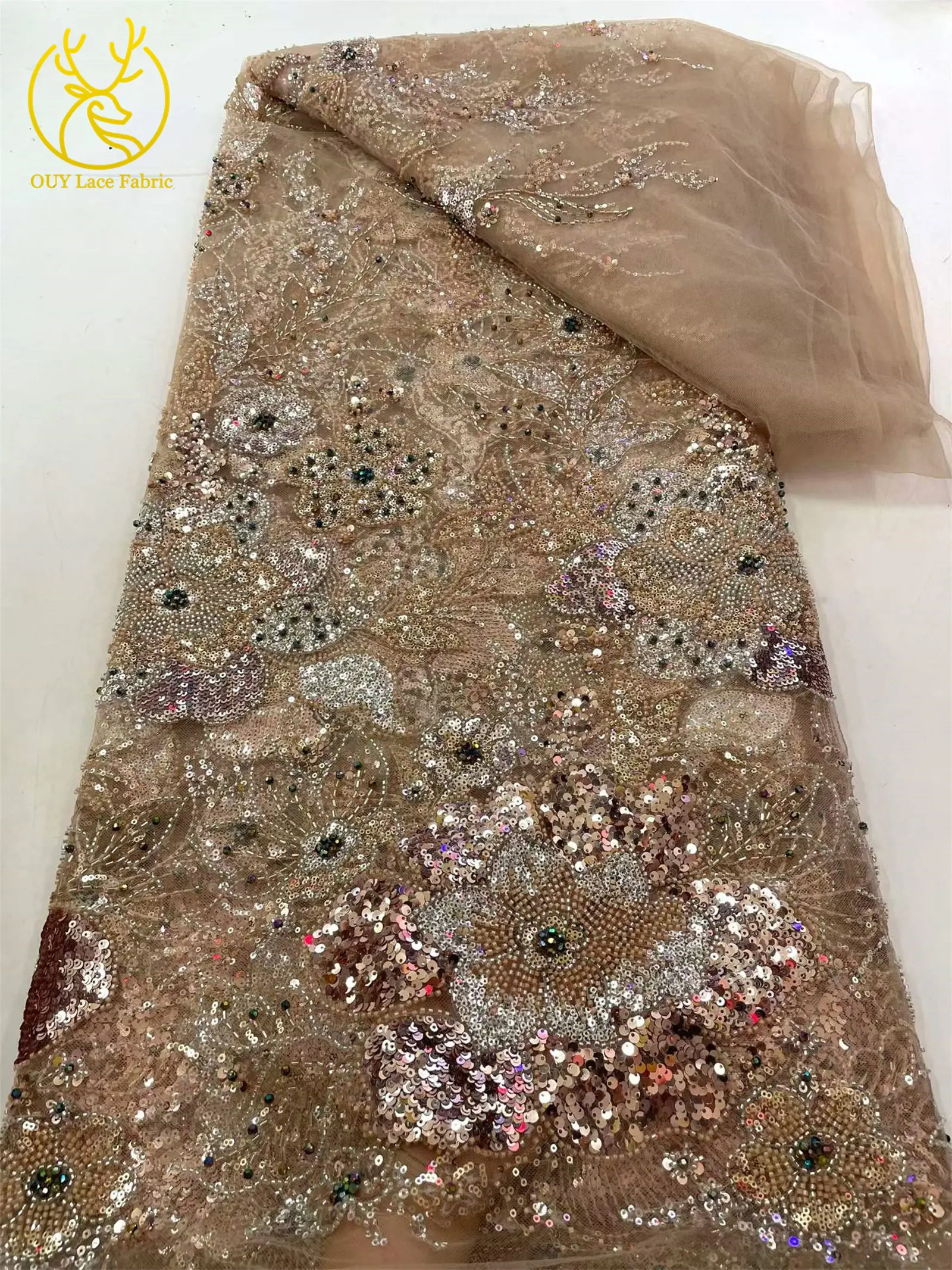 Afrikanischer Brautkleid-Stoff mit Stickerei und Perlen, hochwertiger nigerianischer französischer Pailletten-Tüll-Mesh-Spitzenstoff für Brautkleider – Detail 11