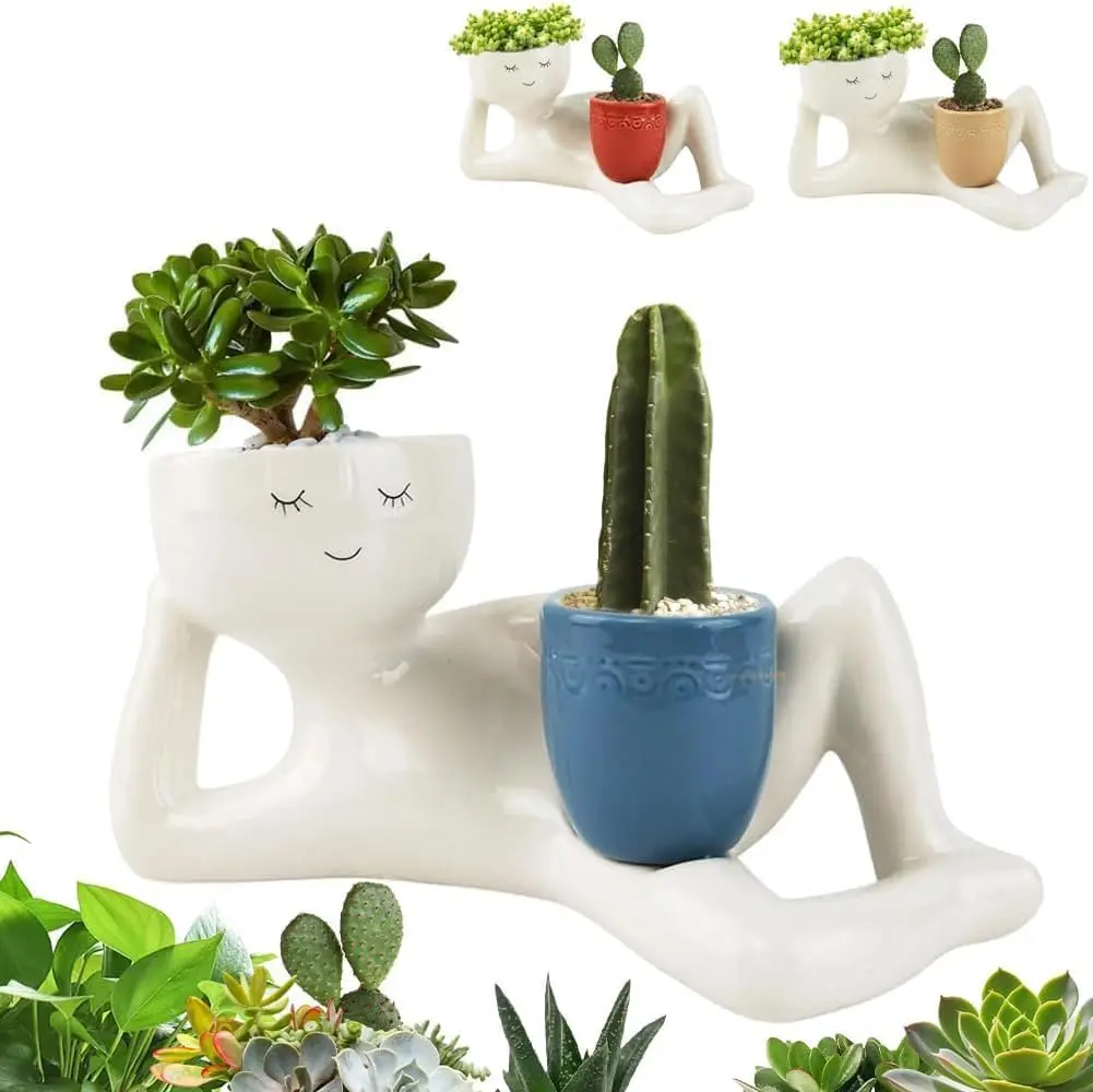 Lazy Guy Planter Resin Flower Pot Smiling Face Cute Plant Holder Lightweight Funny Succulent Cactus Pot with Drainage Holes for