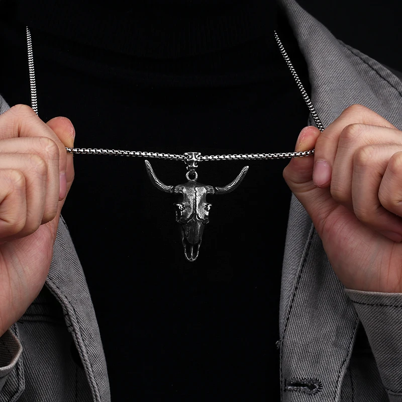 Fashion Dropshipping 316L Stainless Steel Punk Cow/Bull Ox Head Skull Charm Pendant Necklace For Man Hiphop Jewelry Party Gift