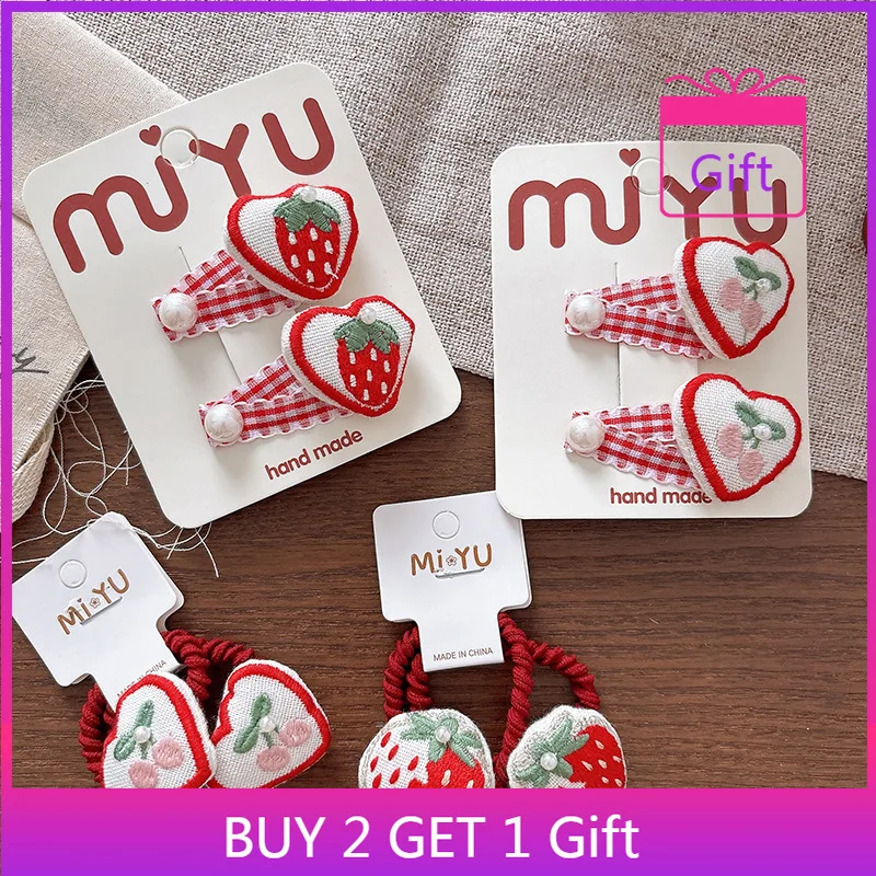 

Red White Hair Set 1 Pair Embroidery Cherry Plaid Scrunchies with Strawberry Snap Clips for Girls