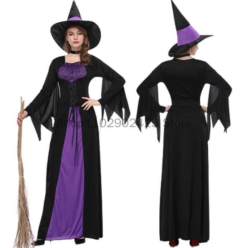 Fatos de Bruxa Halloween para Mulher, Trajes Vampiros, Adulto Assustador, Roxo, Festa de Carnaval, Performance Drama, Vestido de Máscara com Chapéu