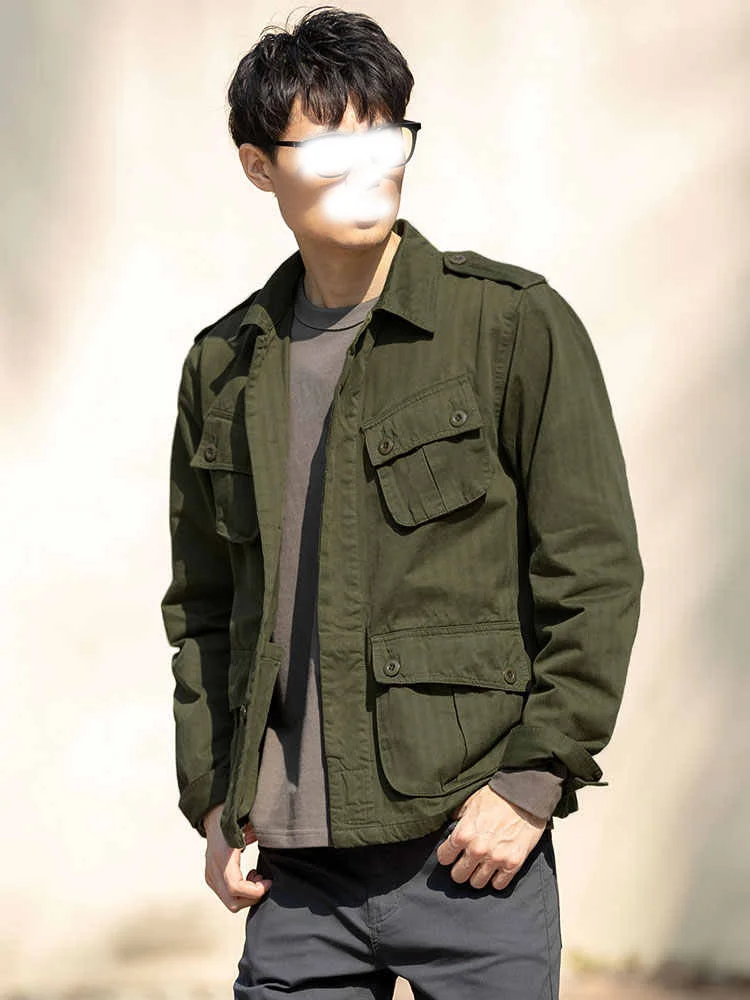 Military Green Cotton Workwear Jacket Men's Vietnam War Jungle Combat Multi-Pocket Spring Autumn Casual Style Long Sleeve But...