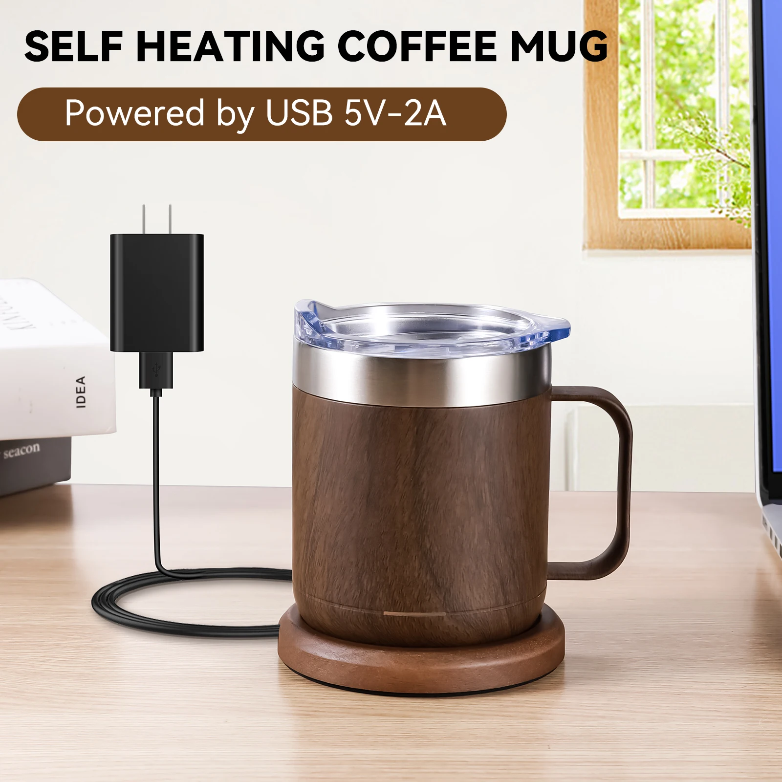 Self-Heating Coffee Mug Smart USB Warmer with 55°C (131°F) Thermostat Double Layer Food Grade Cup Warmer for Office/Home/Gifts