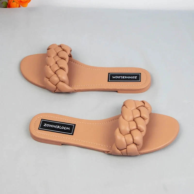 New Designer Fashion Summer Sandals Women Flat Bottom Ladies PU Leather Slides Weave Slip on Sandal Woman Outside Beach Shoes