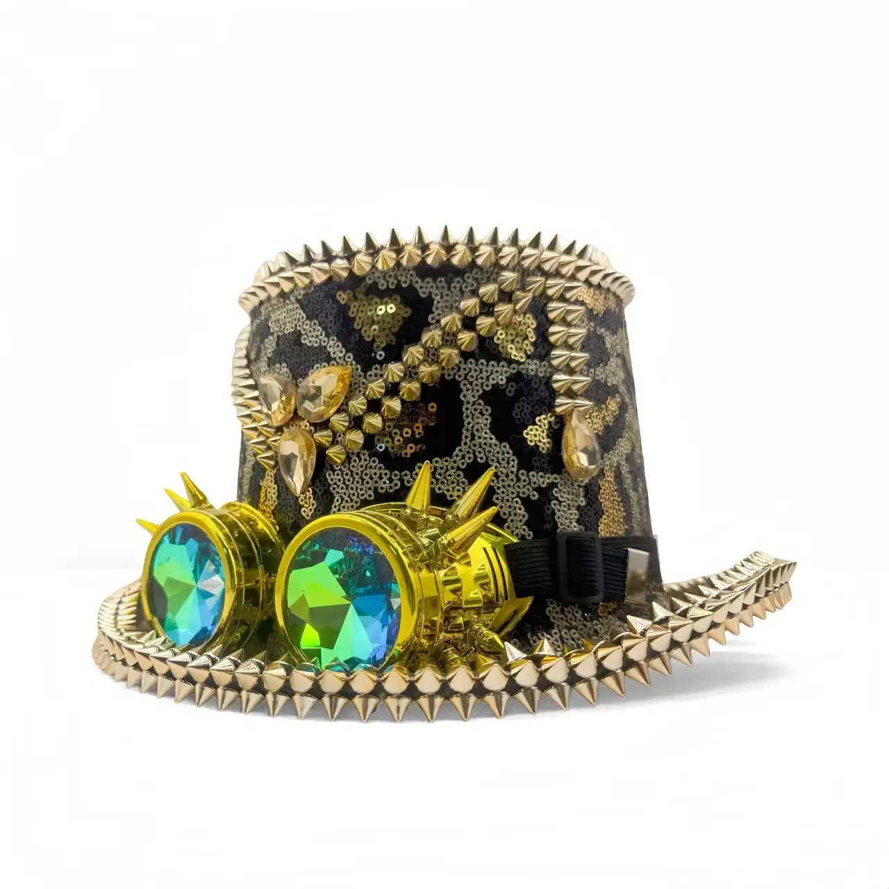 HongLuan Violette Steampunk-Zylinder für Herren, Pailletten-Festival-Zylinder für Damen mit Schutzbrille, Vintage-Burningman-Outfit für Damen – Detail 22