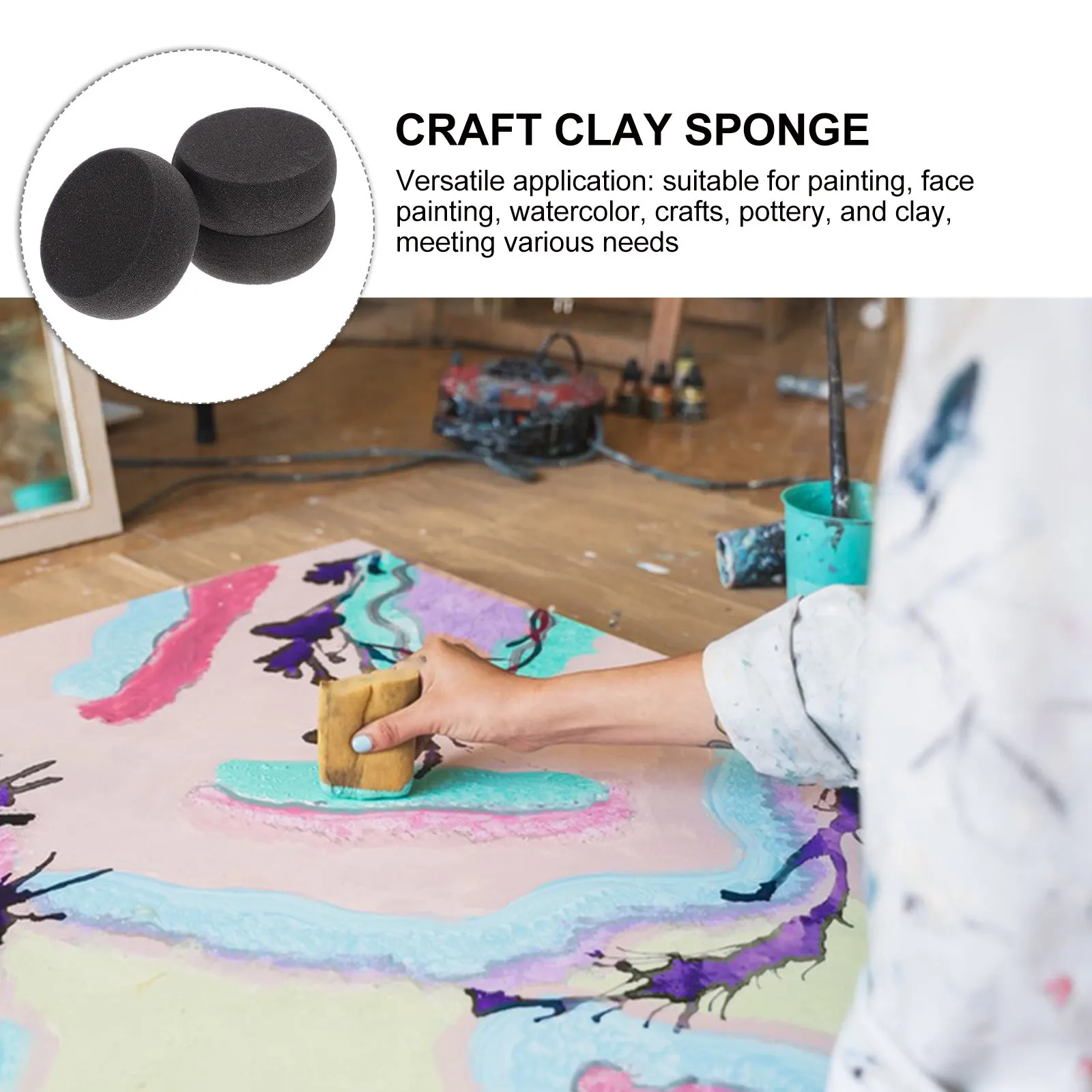 

3Pcs Round Artist Sponge Versatile for Watercolor Pottery Clay Painting Face Art Crafts DIY Beginners Portable Multipurpose
