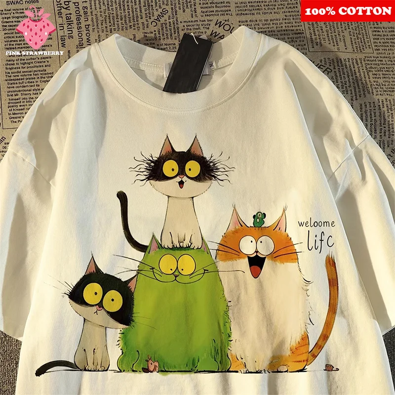 

Japanese Cartoon Graffiti Cat Print T-shirt Women Men Summer 2025 New 100% Cotton Short sleeve T-shirt Y2k Top Street Clothing