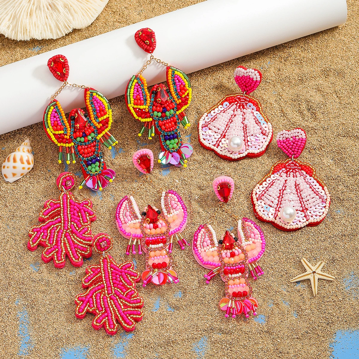 Pendientes colgantes de Coral de langosta creativos para mujer, cuentas de arroz hechas a mano, pendientes colgantes con lentejuelas y perlas, pendientes bohemios de animales marinos para vacaciones en la playa
