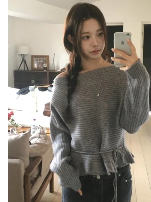 Maglieria dolce coreana Sle da donna Faion Autunno Inverno Taglia piccola Pigro Morbido maglione accogliente Legno bicolore Aosphere Se...