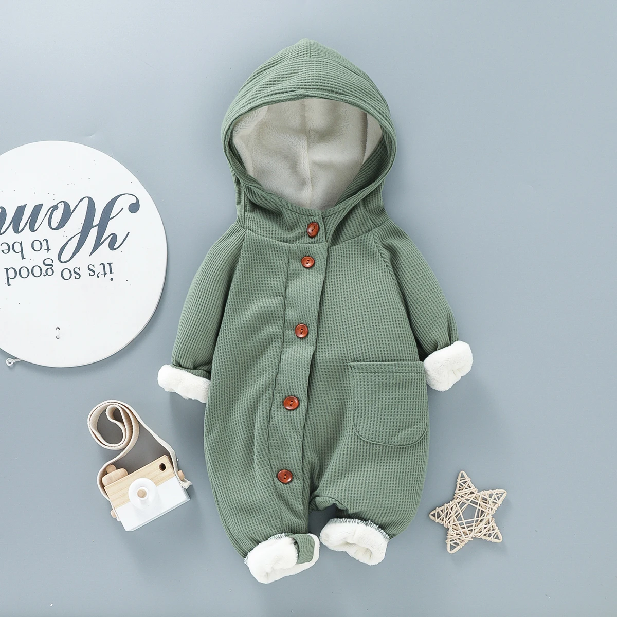 PatPat Baby 95% Cotton Long-sleeve Thickened Fleece Lined Hooded Waffle Jumpsuit