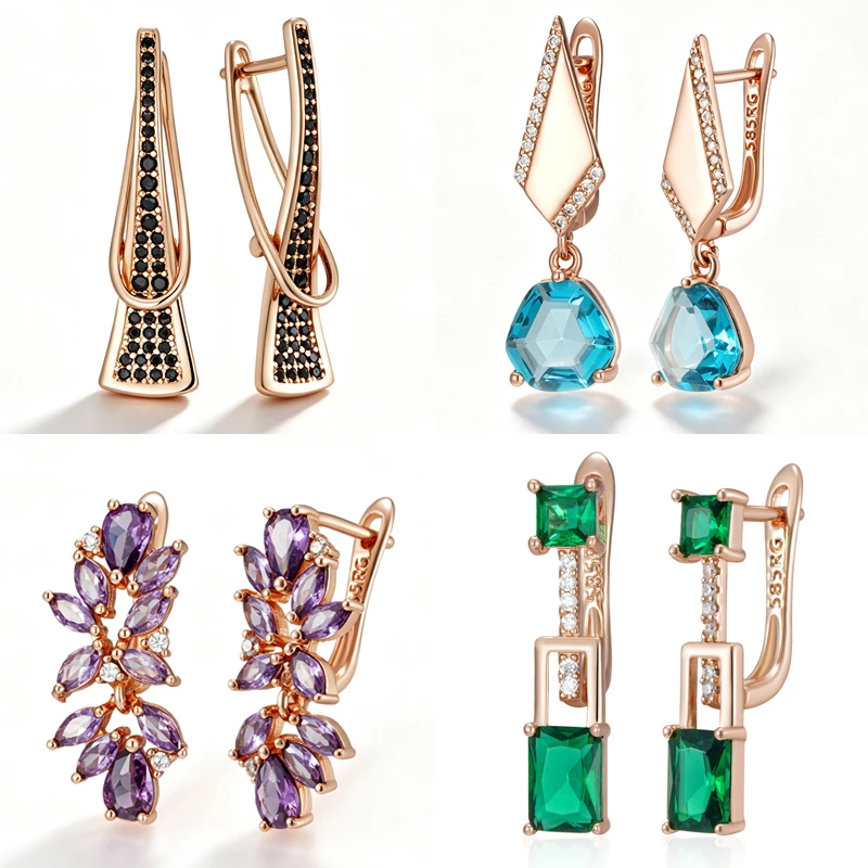 Kinel Innovatives Design 4 Stile Tropfenohrringe für Damen, modisch, 585er Roségold, natürlicher Zirkon, Accessoires, täglicher Schmuck