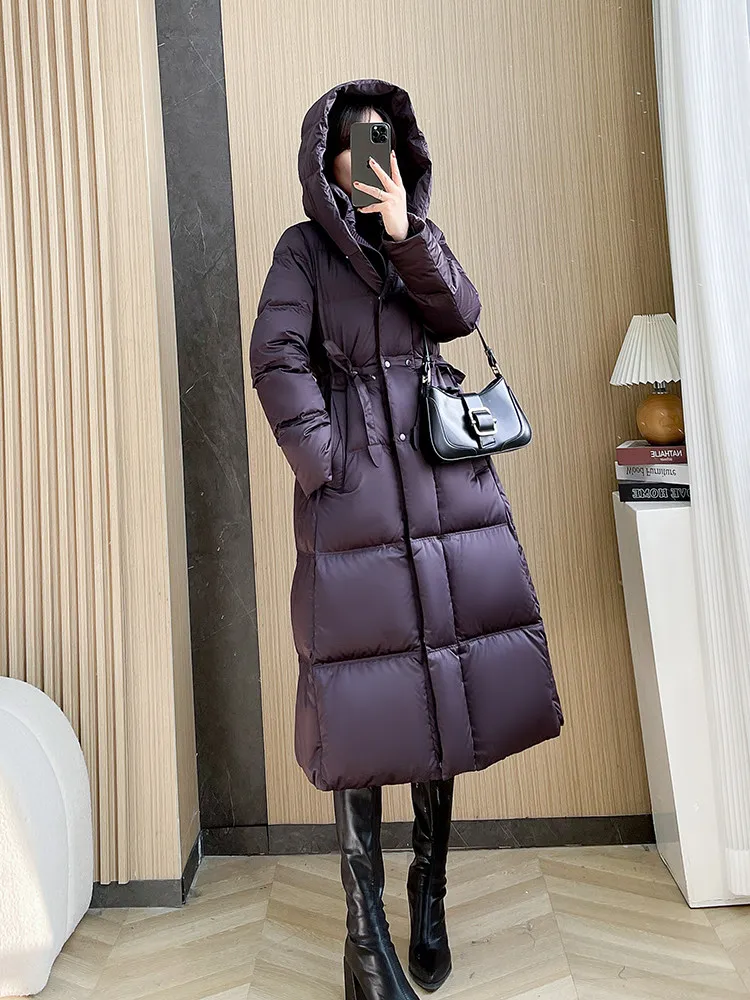 Chaqueta ajustada con cinturón para mujer, abrigo de plumas de pato blanco 90 con capucha, estilo largo, elegante y cálido, para invierno