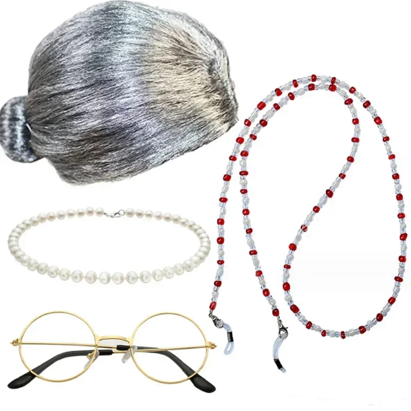 Costume Props for The Old 80s Cosplay Grandma Wig Necklace Sunglass Set for Bar KTV Performance Party Accessories