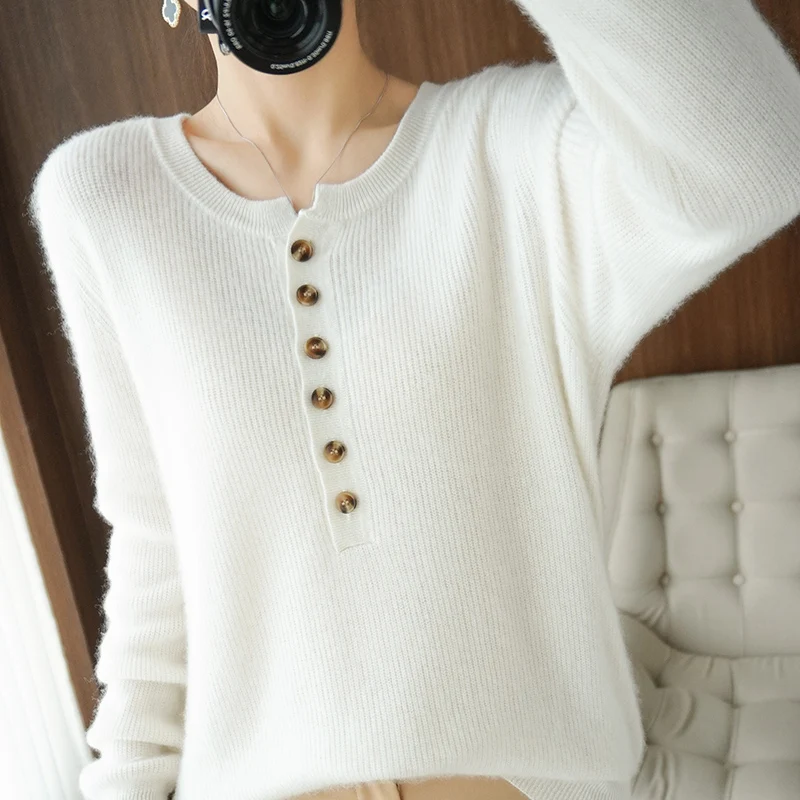 Autumn and Winter Women's New 100% Wool Apparel Knitted Round Neck Solid Button Pullover Warm Texture Blouse