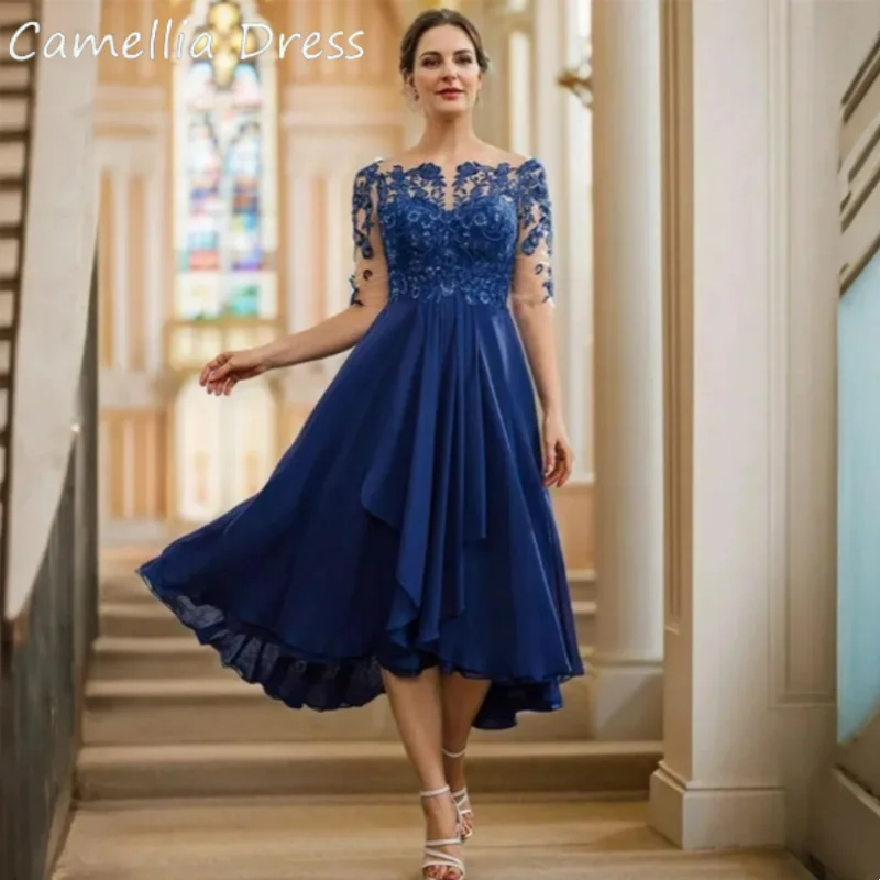 

Mother's Dress Lace Appliqued Wedding Elegant Royal Blue Tea-Length Mother of the Bride Dress Half Sleeves Guest Dresses