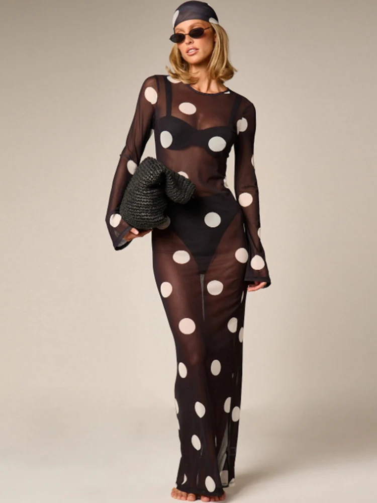 Sisterlinda Frau Sexy durchsichtiges Kleid + Kopftuch mit Polka-Dot-Print, O-Ausschnitt, volle Ärmel, Robe, Mitternachtsclub-Party, modische Kleider – Detail 13