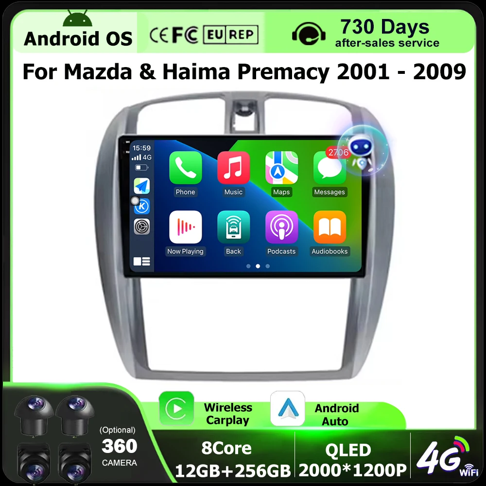 9 Inch For Mazda & Haima Premacy 2001 - 2009 Android 16 Auto Car Radio Multimedia Video Player Navigation GPS Carplay 360 Camera