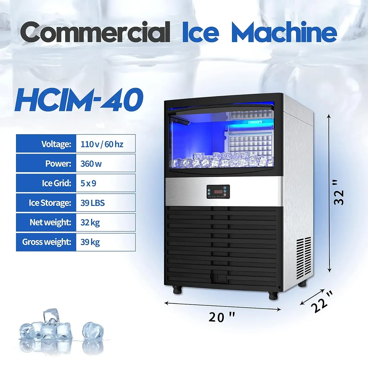 Macchina per la produzione di ghiaccio commerciale HOOCOO, macchina per il ghiaccio commerciale autoportante 130LBS/24H 45 cubetti di ghiaccio/ciclo in 13-20 minuti