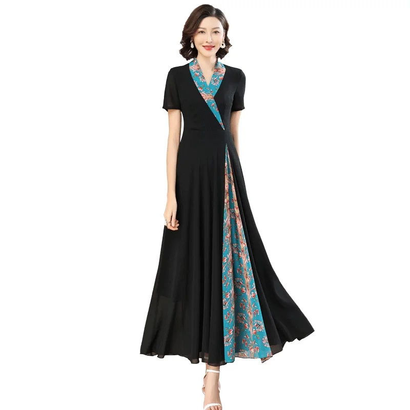 Chinese traditional vintage hanfu dress set women elegant V neck art chiffon dress vintage elegant party wear slim A Line dress