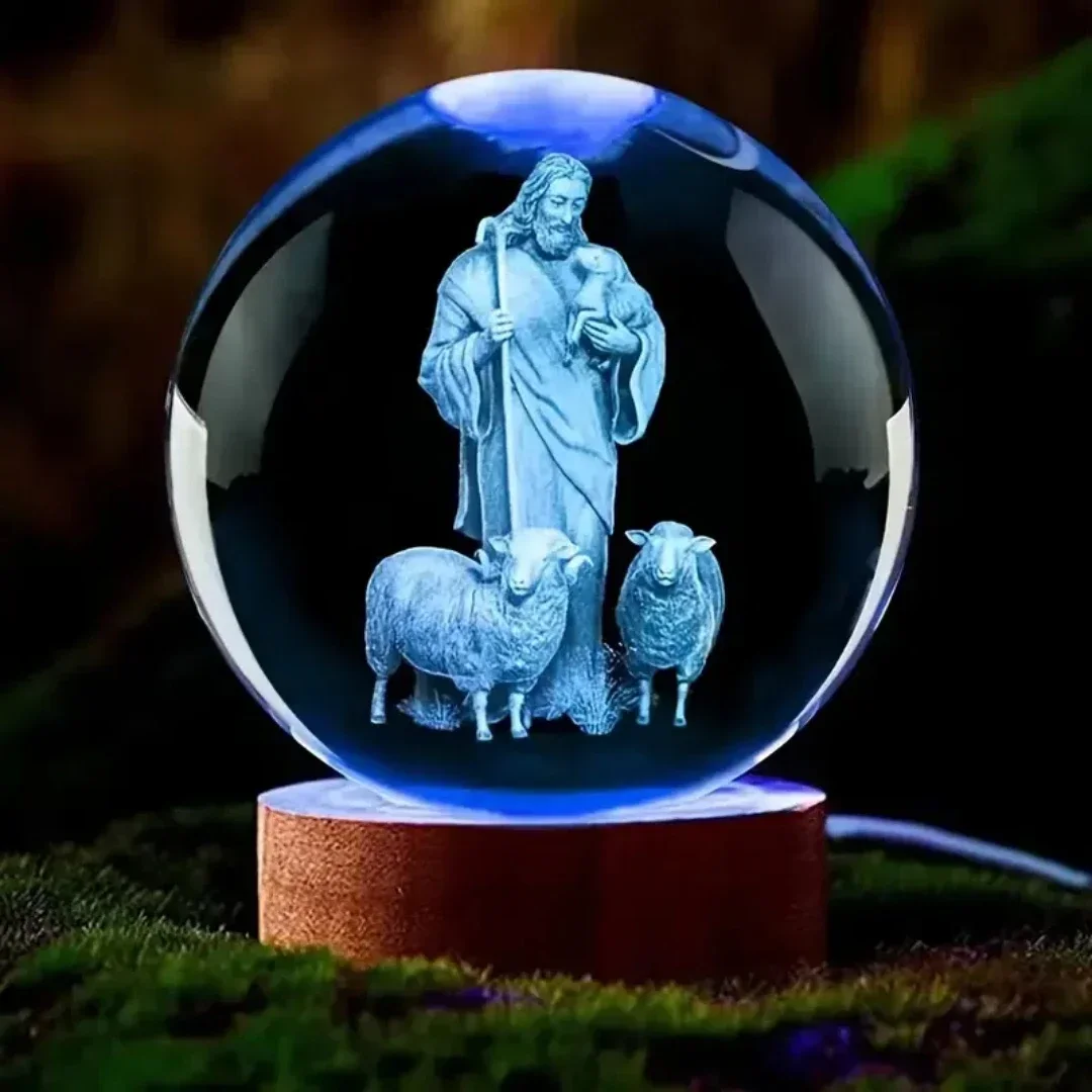 1 PC 3D Shepherd's Crystal Ball Nightlight,เลเซอร์แกะสลักรูปปั้นทางศาสนาของที่ระลึกตกแต่ง,รูปปั้นตกแต่งบ้าน