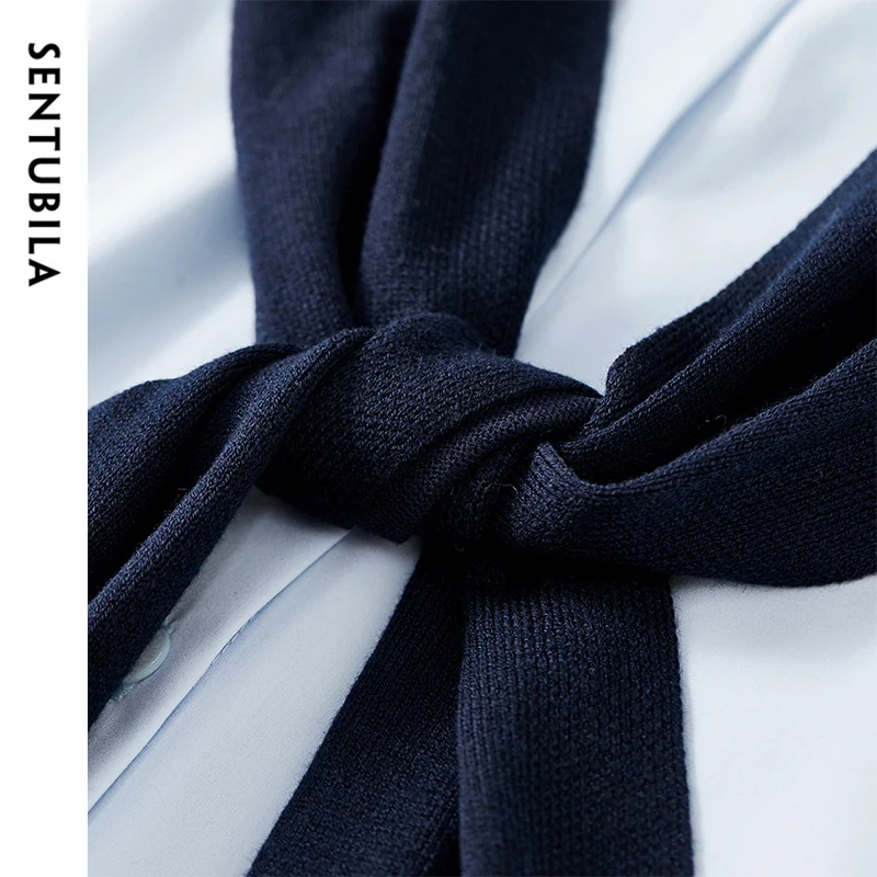 SENTUBILA Casual 2 Piece Sets Women Autumn Korean Style Turn Down Collar Striped Shirt Wool Knit Shawl Matching Sets 143C56803