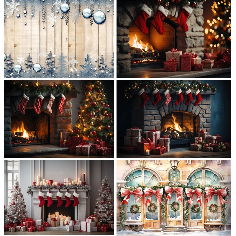 

Christmas Tree Decoration Living Room Photography Backdrops Welcome New Year Holiday Fireplace Indoor Party Background JS-03