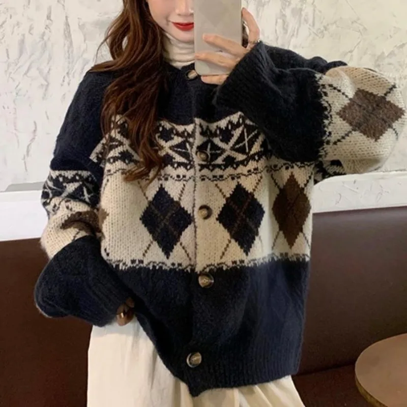 Fashion jacquard O-neck Long sleeve sweater Women Autumn Winter knitting Cardigan coat office Lady All-match trend knitting tops