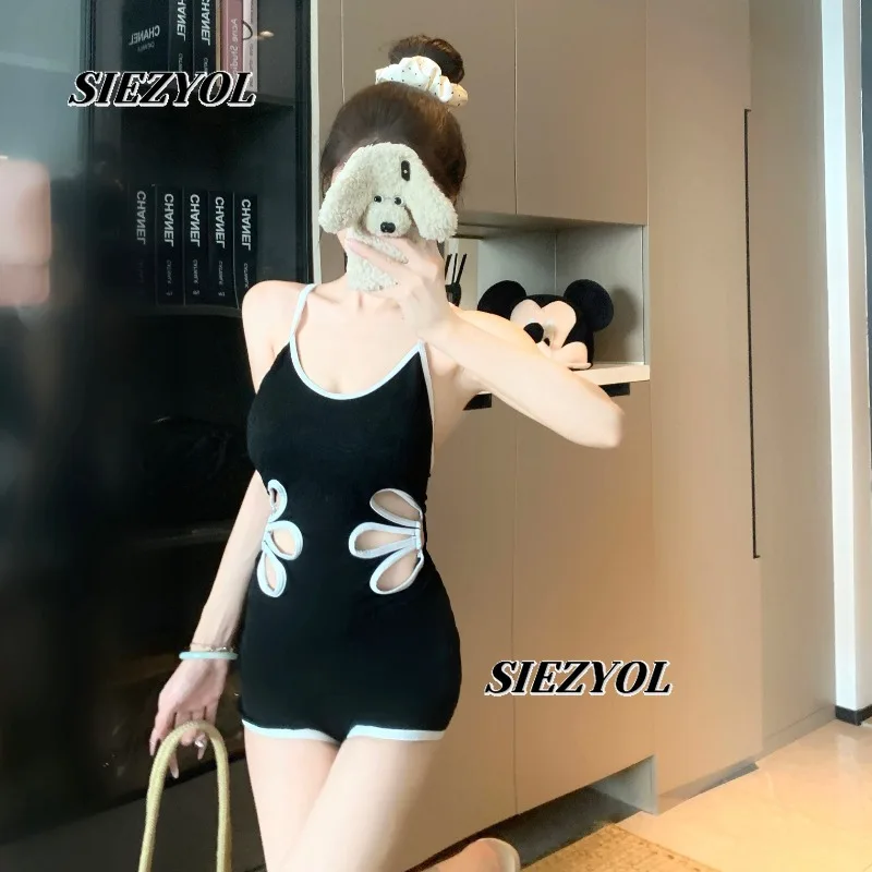 2026 Summer New Black Strap One Piece Boxer Swimsuit Sweet Girls Floral Hollow Sexy Seaside Backless Swimming Bathing Suit